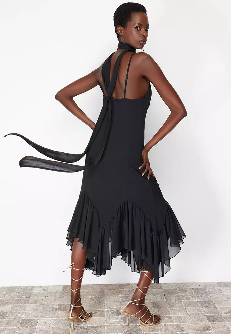 V-Neck Ruffle Midi Dress With Scarf Set