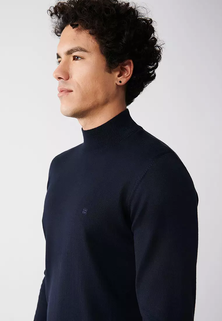 Men's Navy Blue Half Turtleneck Wool Blended Knitwear Sweater B 005015