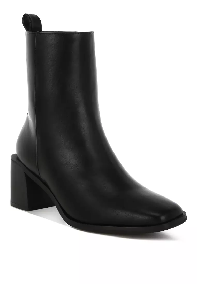Square Toe Faux Leather Boots in Black