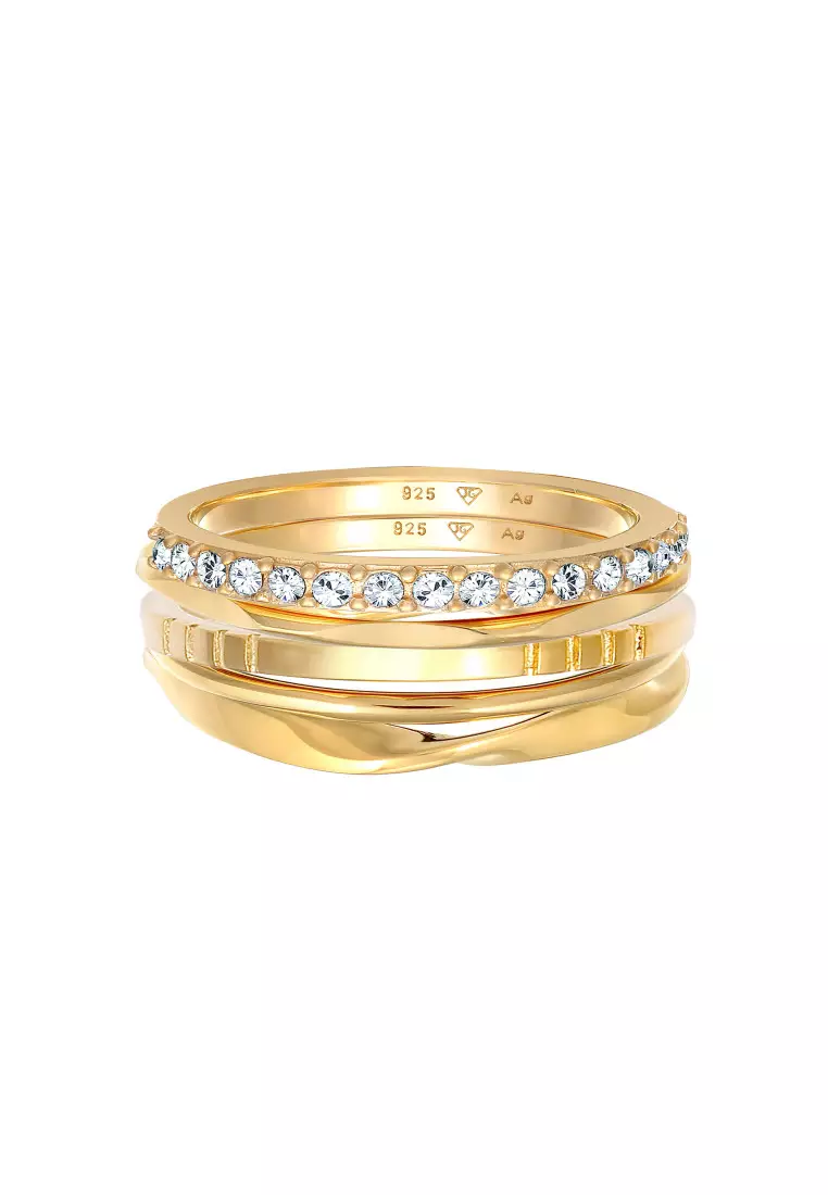 Cincin Perhiasan Perak 925 Wanita Stacking Band Crystals Gold Plated