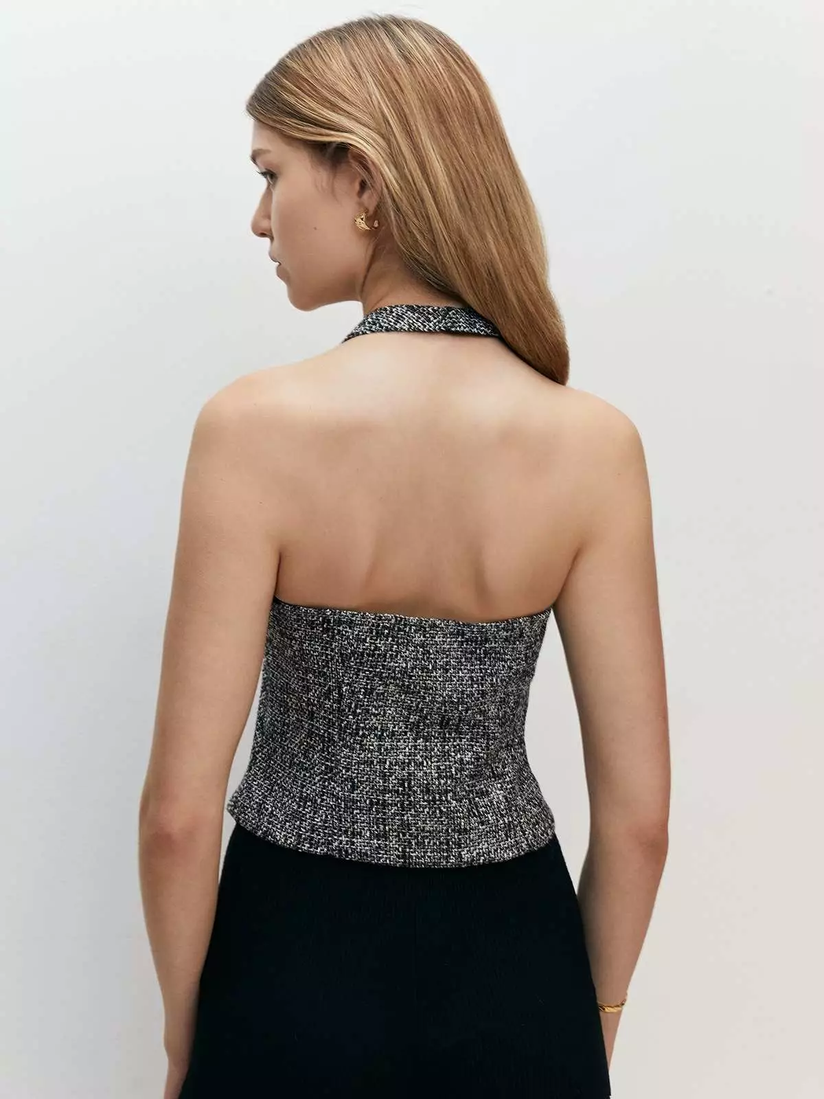 Pomelo - Vest Wanita - Tweed Vest with Silver Hardware Detail - Black