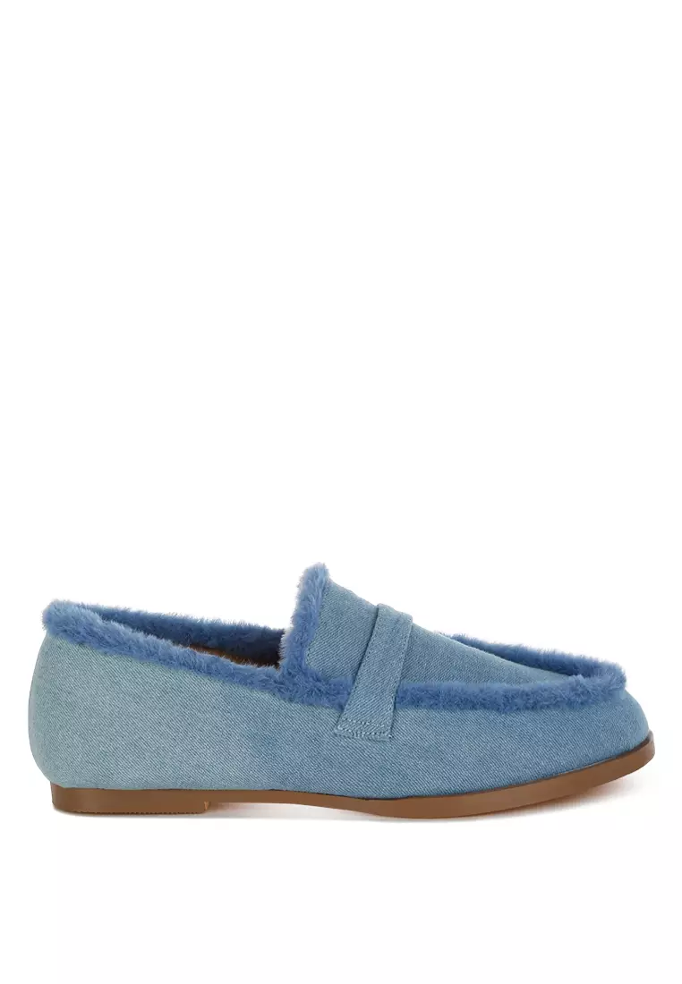 Discount on Rag & CO.  shoes - SKU: Fur Detail Denim Loafers in Blue