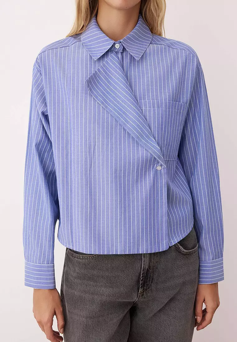 Blue-Multicolored Jacket Collar Oversize Striped Woven Shirt Twoaw26Go00020