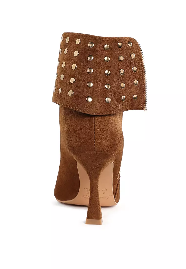 Sepatu Bot Lipat Berhias Stud Warna Tan