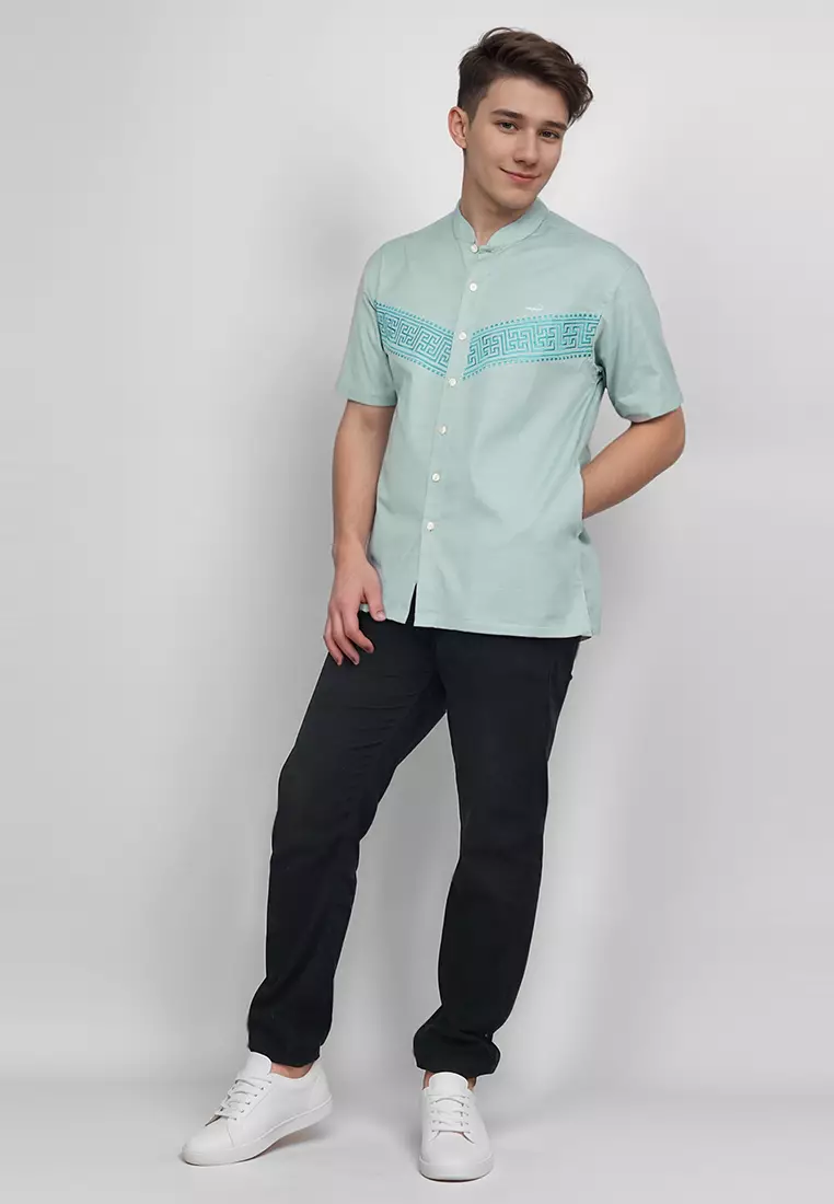 Crocodile KOKO 1106 Green - Linen Lengan Pendek Corak Tradisional Kemeja - Relax Fit