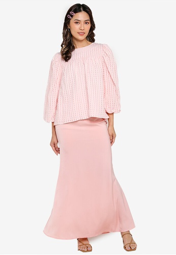 Lubna pink Textured Puffed Sleeves Kurung With Mermaid Skirt 02367AA341B0D5GS_1