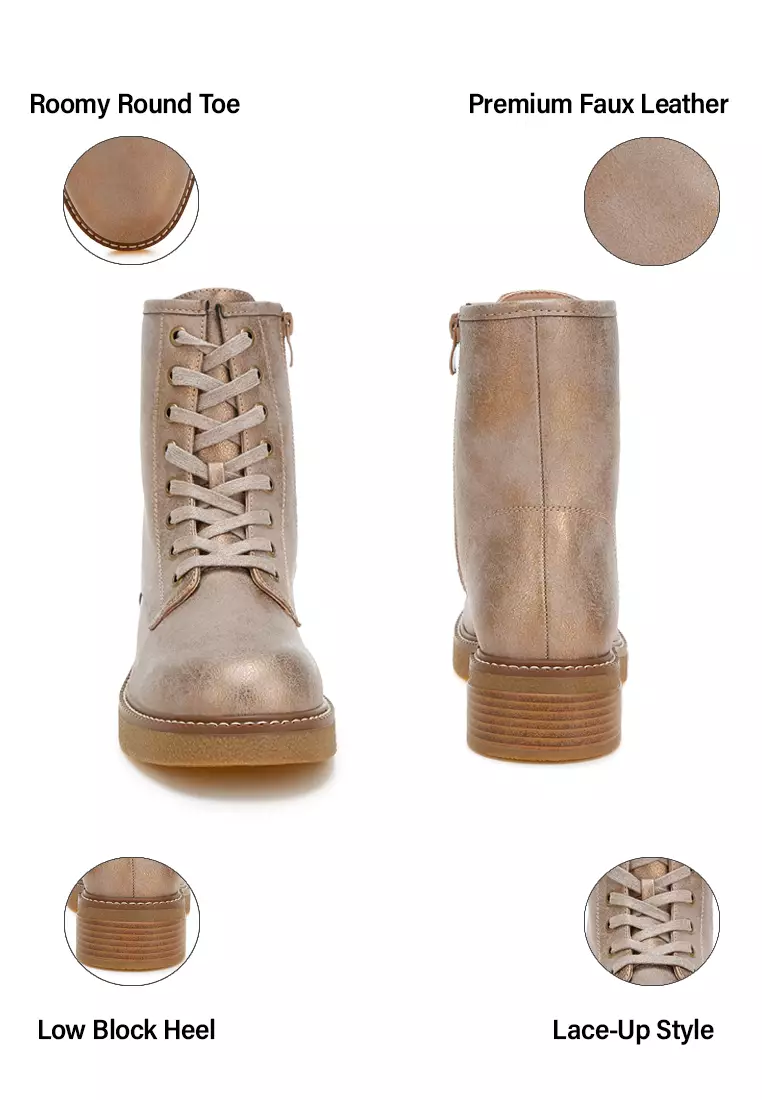 Sepatu Bot Bertali Tekstur Metalik dalam Warna Tan