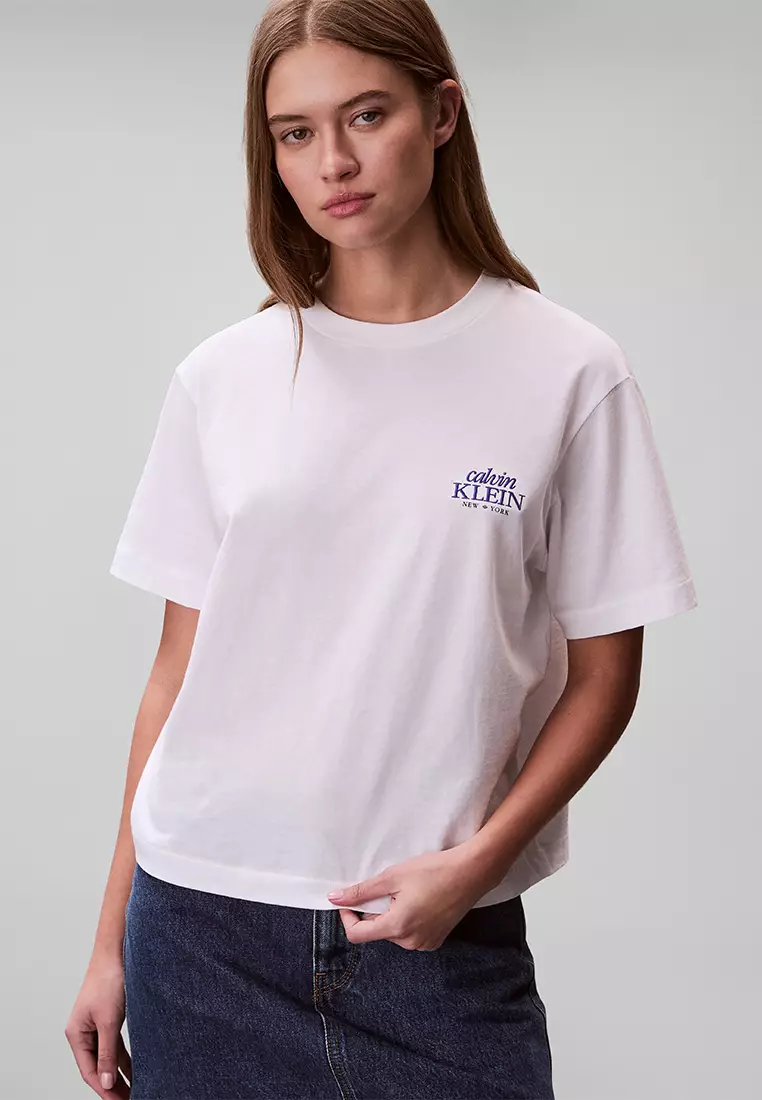 CKJ Womens Short Sleeve Boxy Graphic T-Shirt