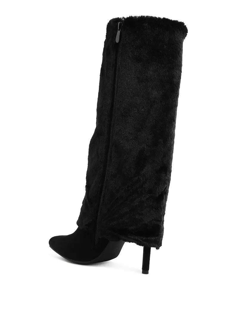 Fold-Over Calf-High Boots in Black