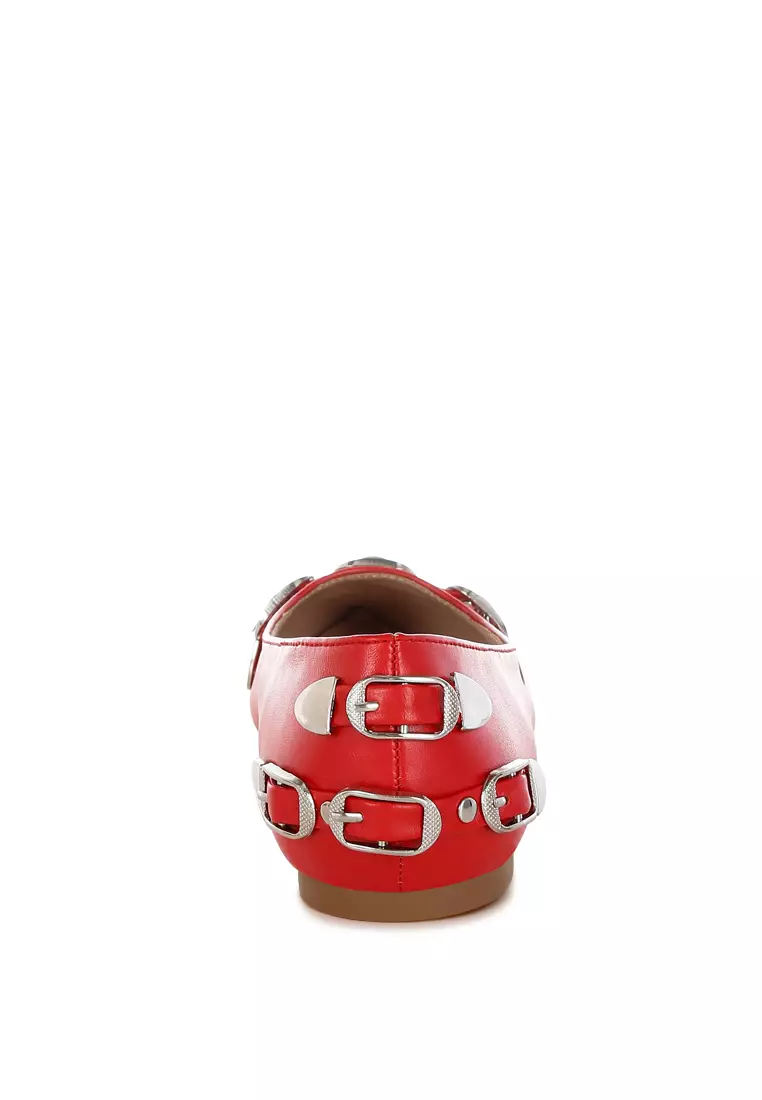 Belt Buckle Detail Ballerinas In Red
