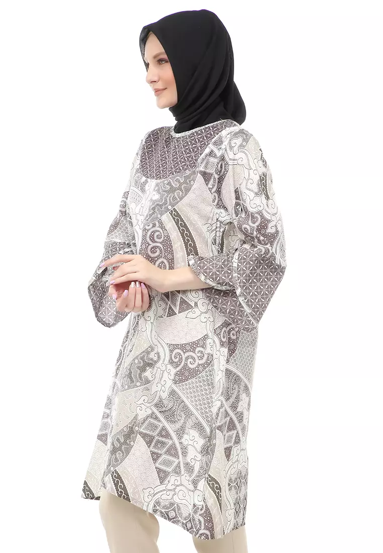 Tunik Batik Motif Sekar Jagat Atasan Wanita Muslimah - Grey