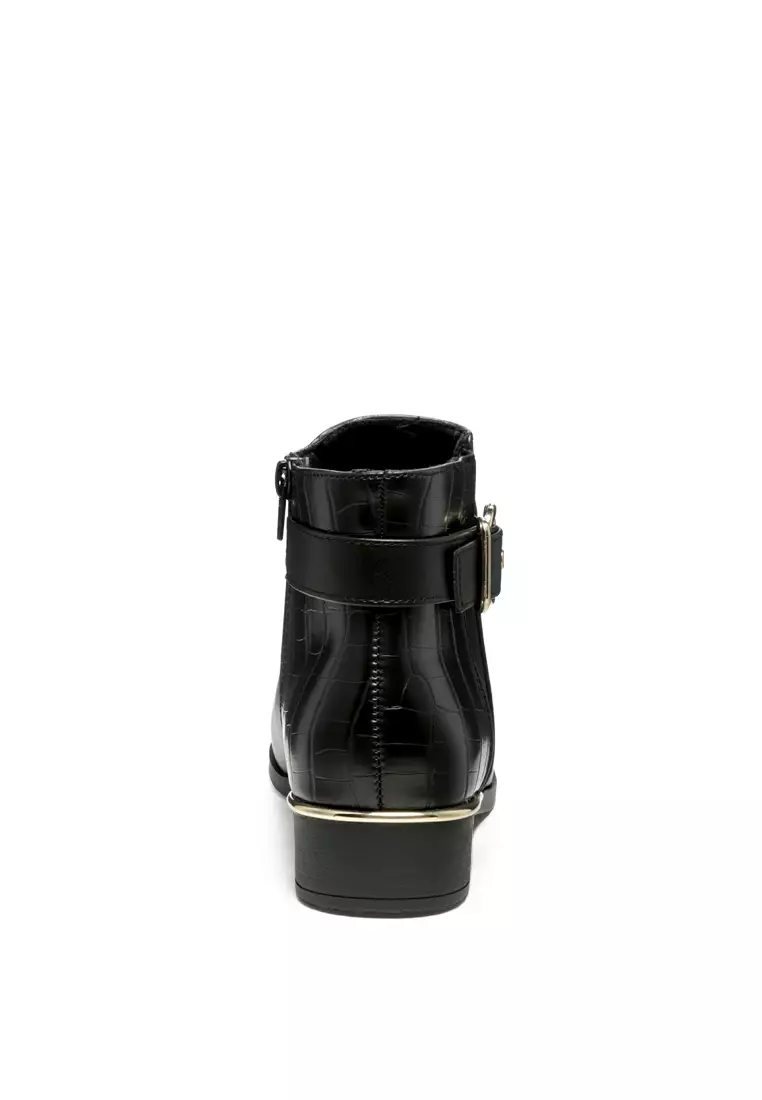 Buckled Ankle Boot with Croc Detail in Black