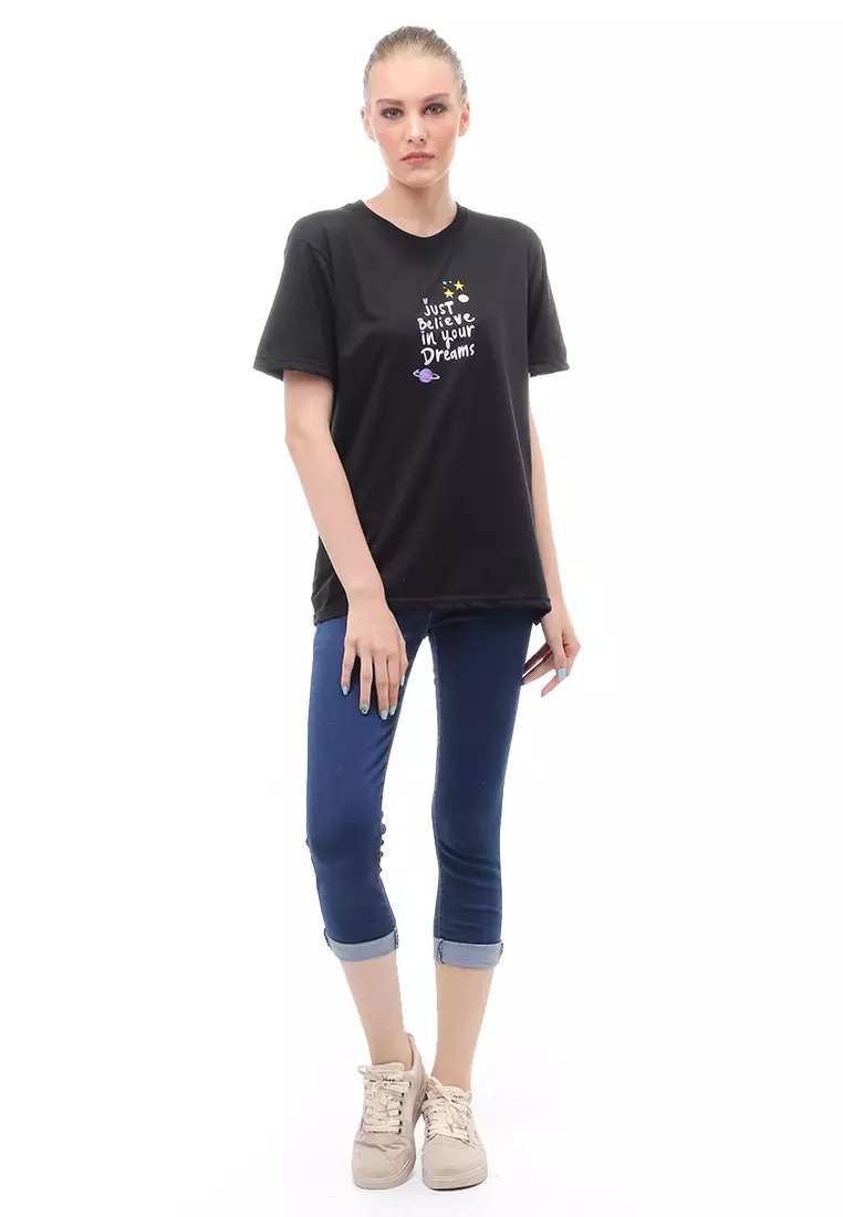 Heller Kaos Atasan Wanita Oversize Motif Print Short Sleeves Relaxed Fit - Lepen Hitam