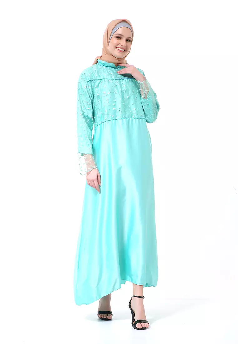 Erica Gamis Dress Muslimah Lengan Panjang Aksen Mutiara Fashion Wanita - Mint