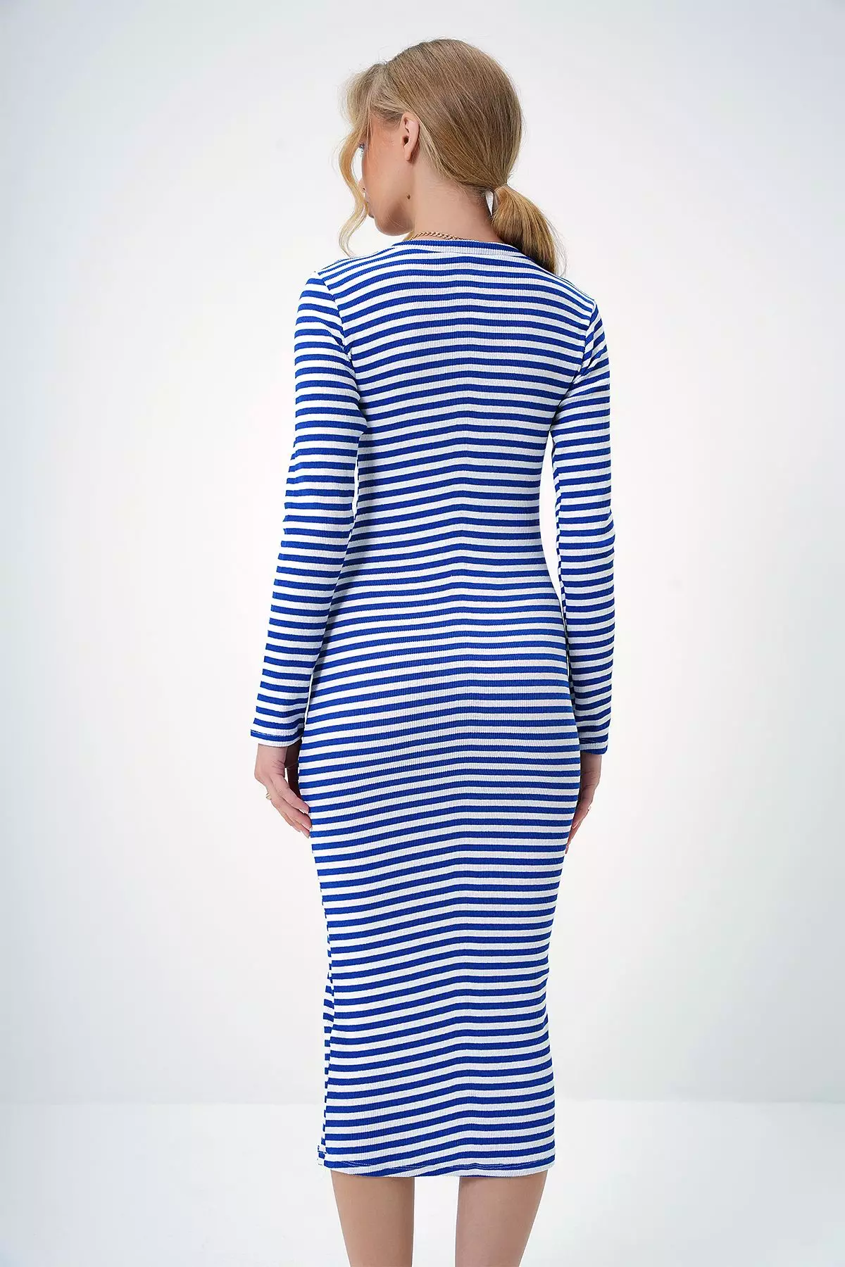Women's Saks Blue Crew Neck Striped Midi Length Basic Dress