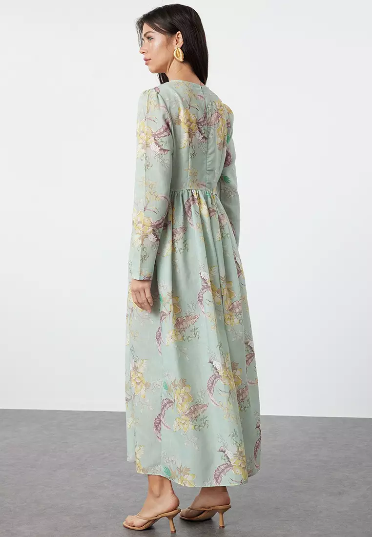 Mint Floral Linen Look Woven Dress Tctss24Eb00225