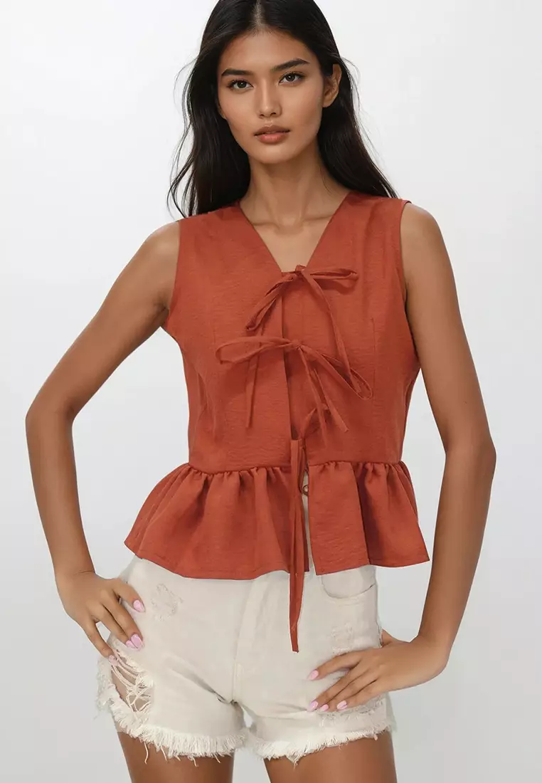 Cotton V-Neck Bow Top