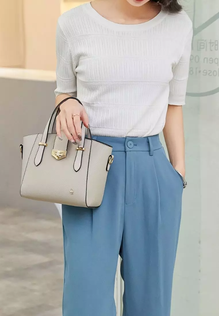 Women's Twist Lock Top Handle Bag / Sling Bag / Crossbody Bag - Beige