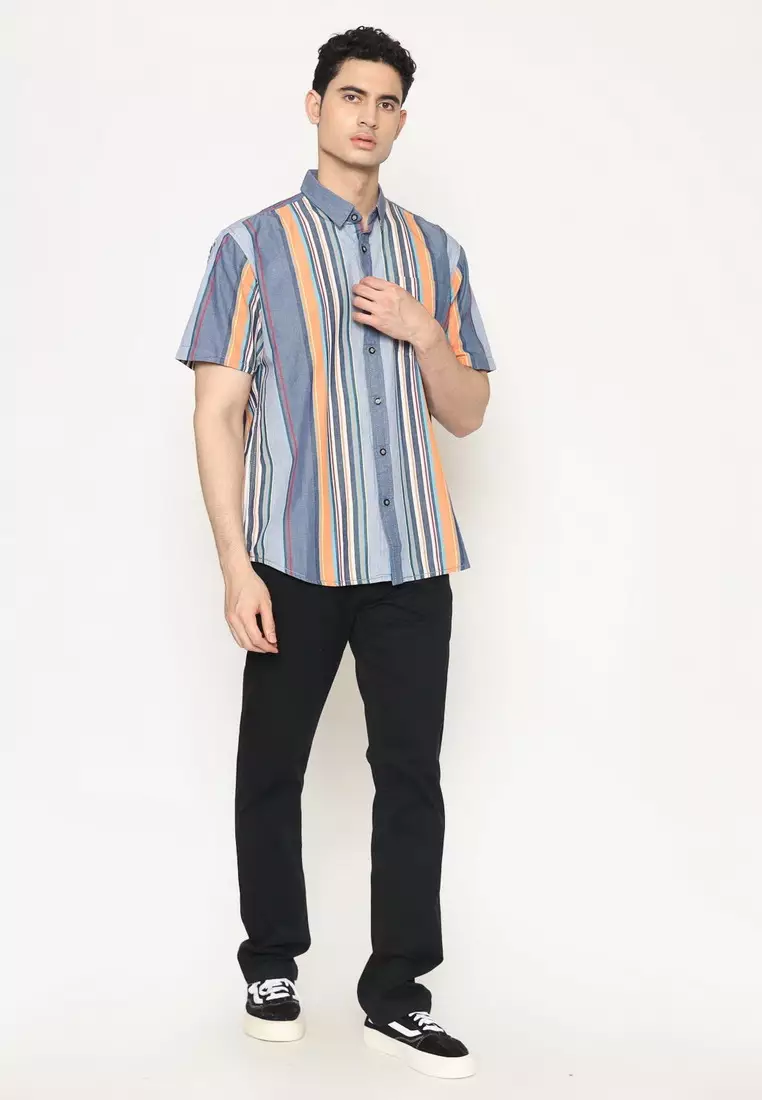 POLICE Kemeja Salur Printing Biru Orange Regular Fit Pria