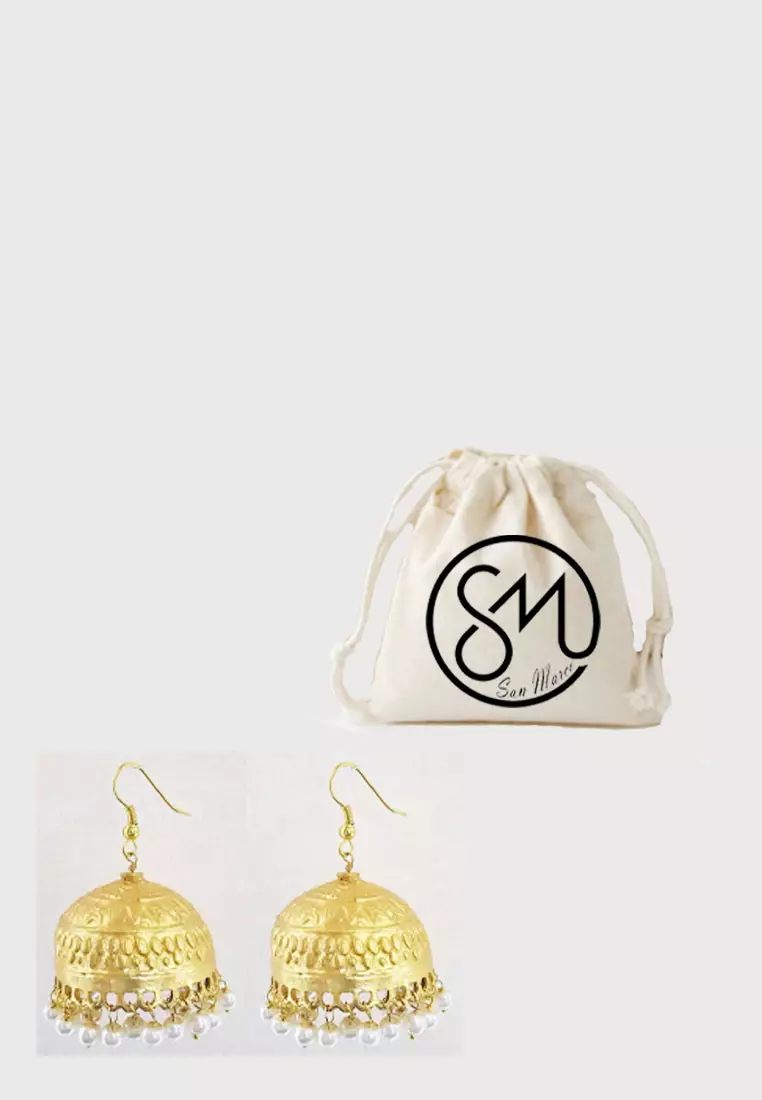 Aksesoris Wanita Encarved Jhumka Pearls Earring Anting Wanita Gold