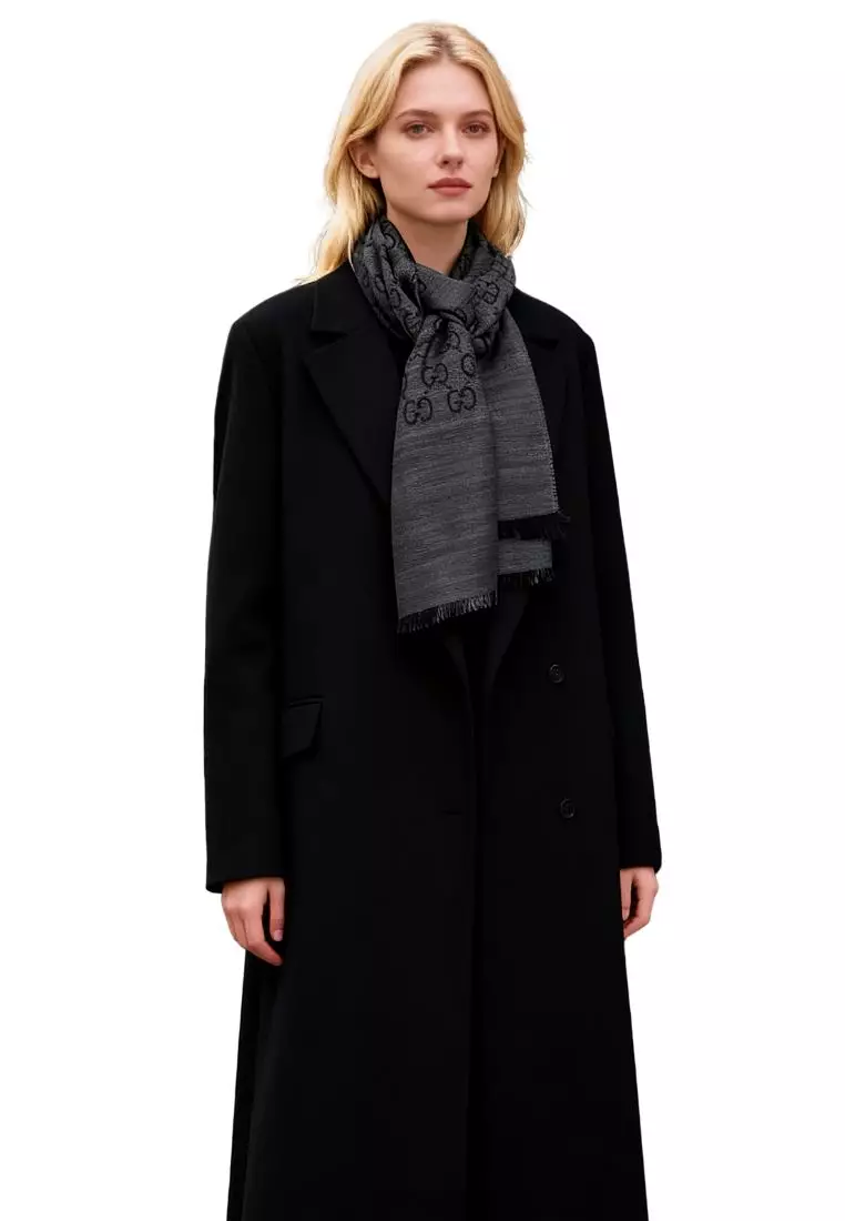 GG Logo Wool Silk Scarf in Charcoal Grey 165904 3G646