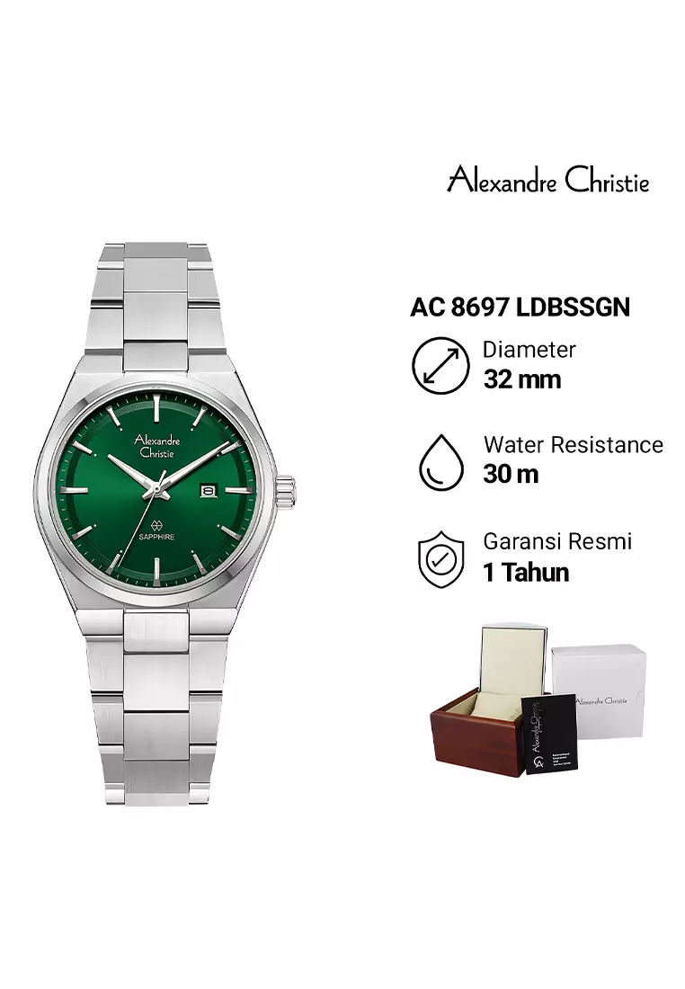 Alexandre Christie Sapphire Jam Tangan Analog Couple Silver Green Stainless Steel - 8697MLDBSSGN
