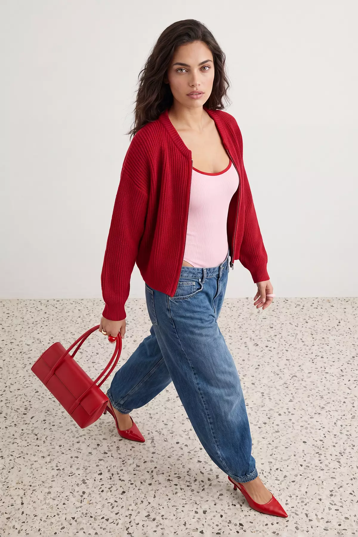 Tile Wide Pattern Bomber Collar Zippered Knitwear Cardigan Twoaw24Hi00153