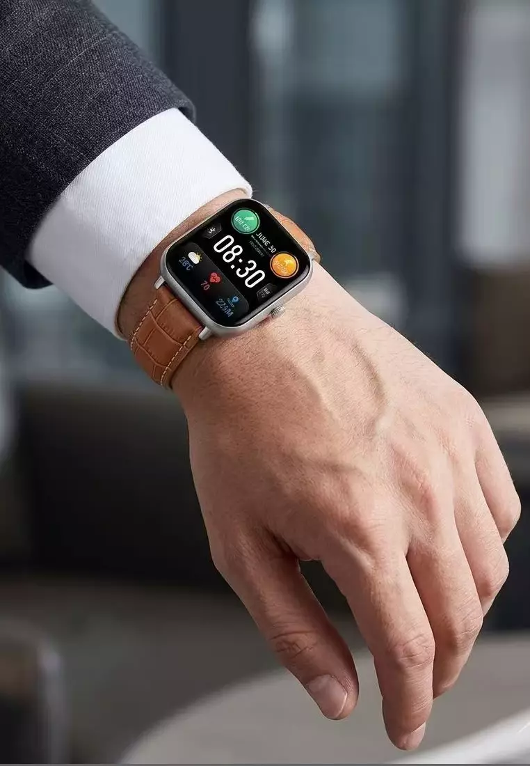 Smart and Elegant - Unisex Rectangular Smart Watch iOS/Android - Leather Strap + 1 Silver Silicone Strap