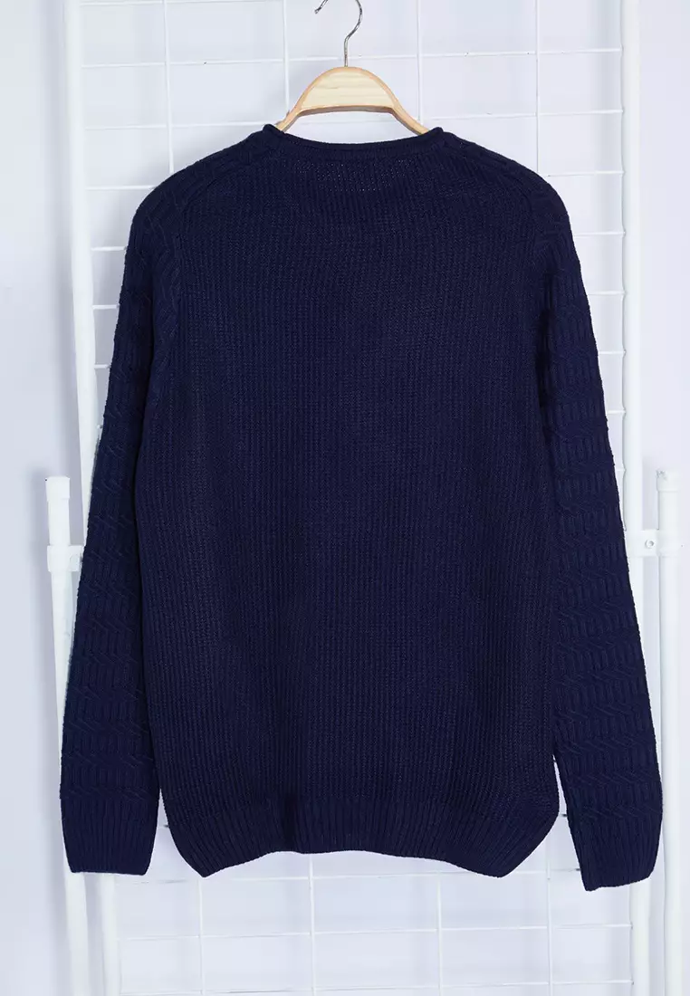 Navy Blue Slim Fit Crew Neck Textured Knitwear Sweater TMNAW22KZ0380