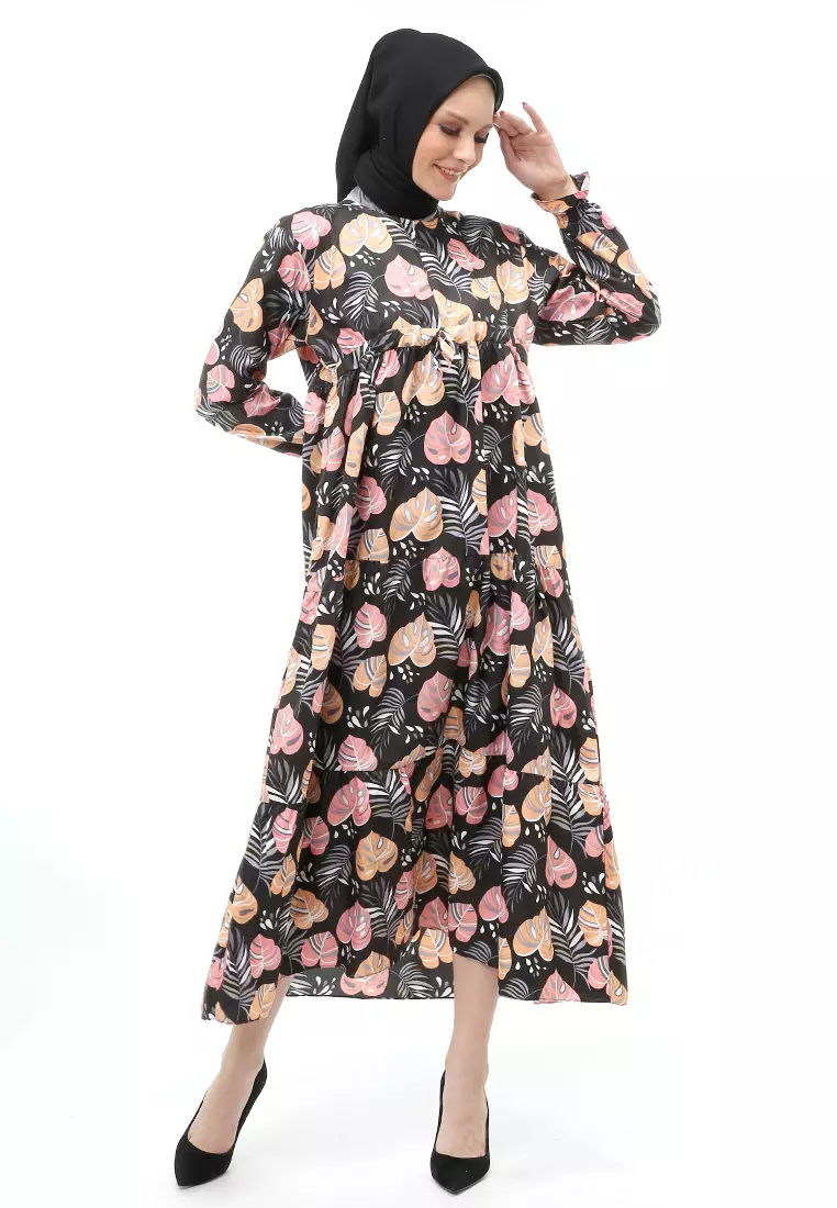 Zahra Gamis Muslimah Wanita Motif Daun Love Long Sleeve Comfortable To Wear - Black