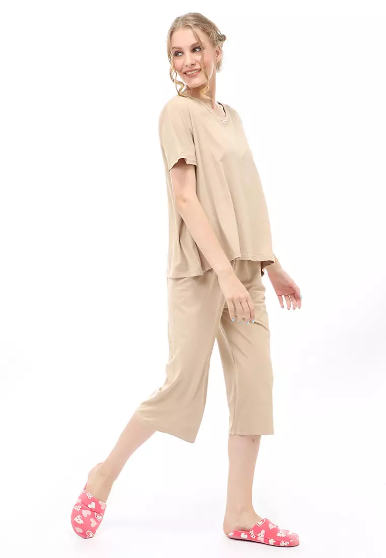 Vance Setelan Piyama Baju Tidur Wanita Celana Pendek 7/8 Material Spandex ORIGINAL - Khaki