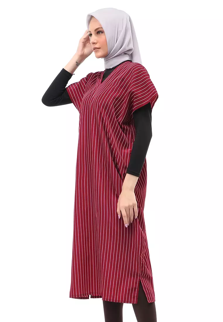 Lolita Long Dress Wanita Kerah V Neck Motif Stripe Free Cuff Regular Fit - Maroon