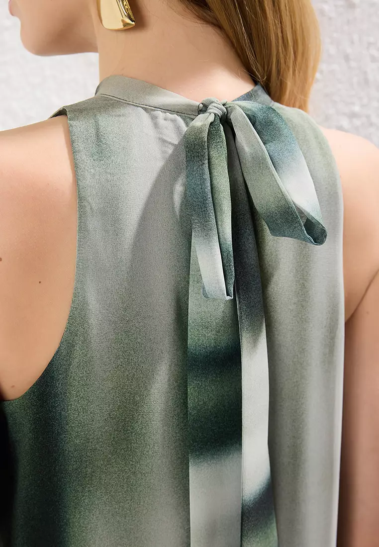 Green Abstract Patterned Straight Cut Tie Detail Maxi Woven Dress