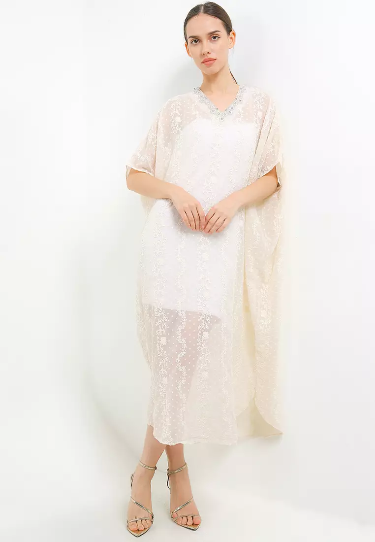 Embellished V Neck Emb Swissdot Chiffon Kaftan