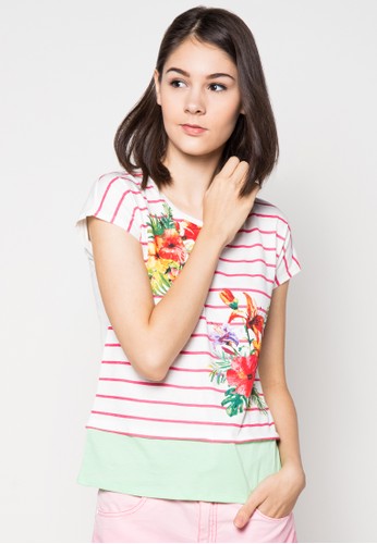 S/S Stripe Floral Double Layer Tee