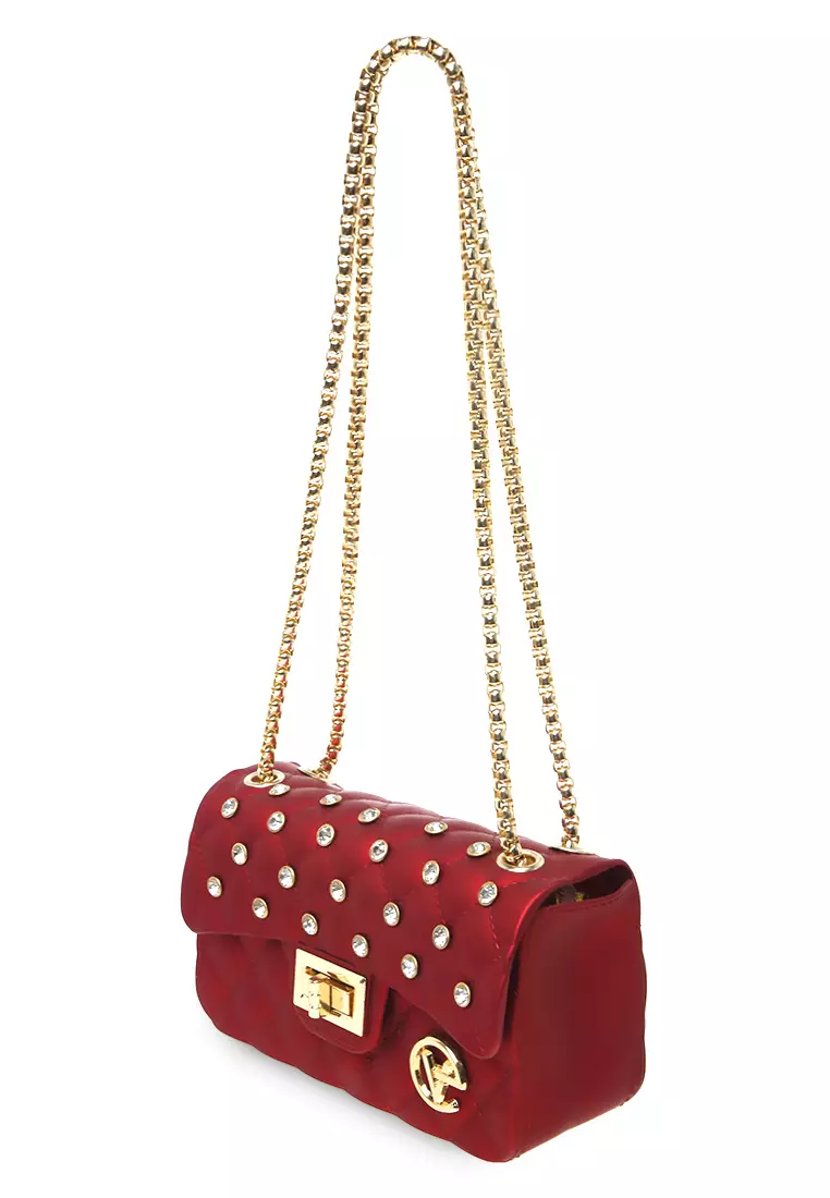 Ives Slingbags Women Tali Rantai Hiasan Diamond Casual Tas Jelly Premium Quality - Maroon