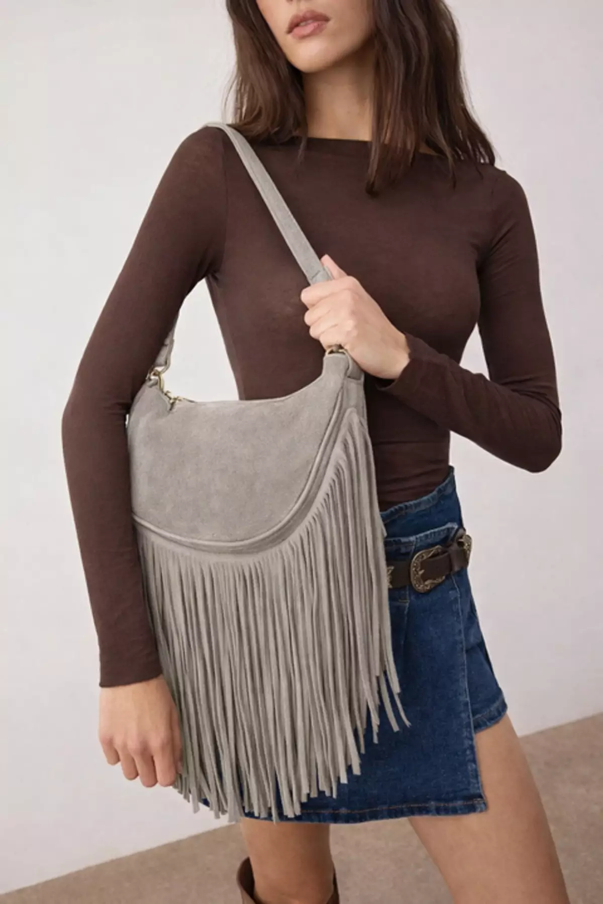 Mink Tassel Detailed Premium Genuine Leather Women'S Shoulder Bag Takaw26Oc00044