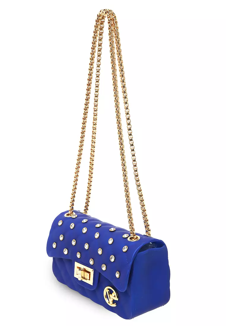 Ives Slingbags Women Tali Rantai Hiasan Diamond Casual Tas Jelly Premium Quality - Biru
