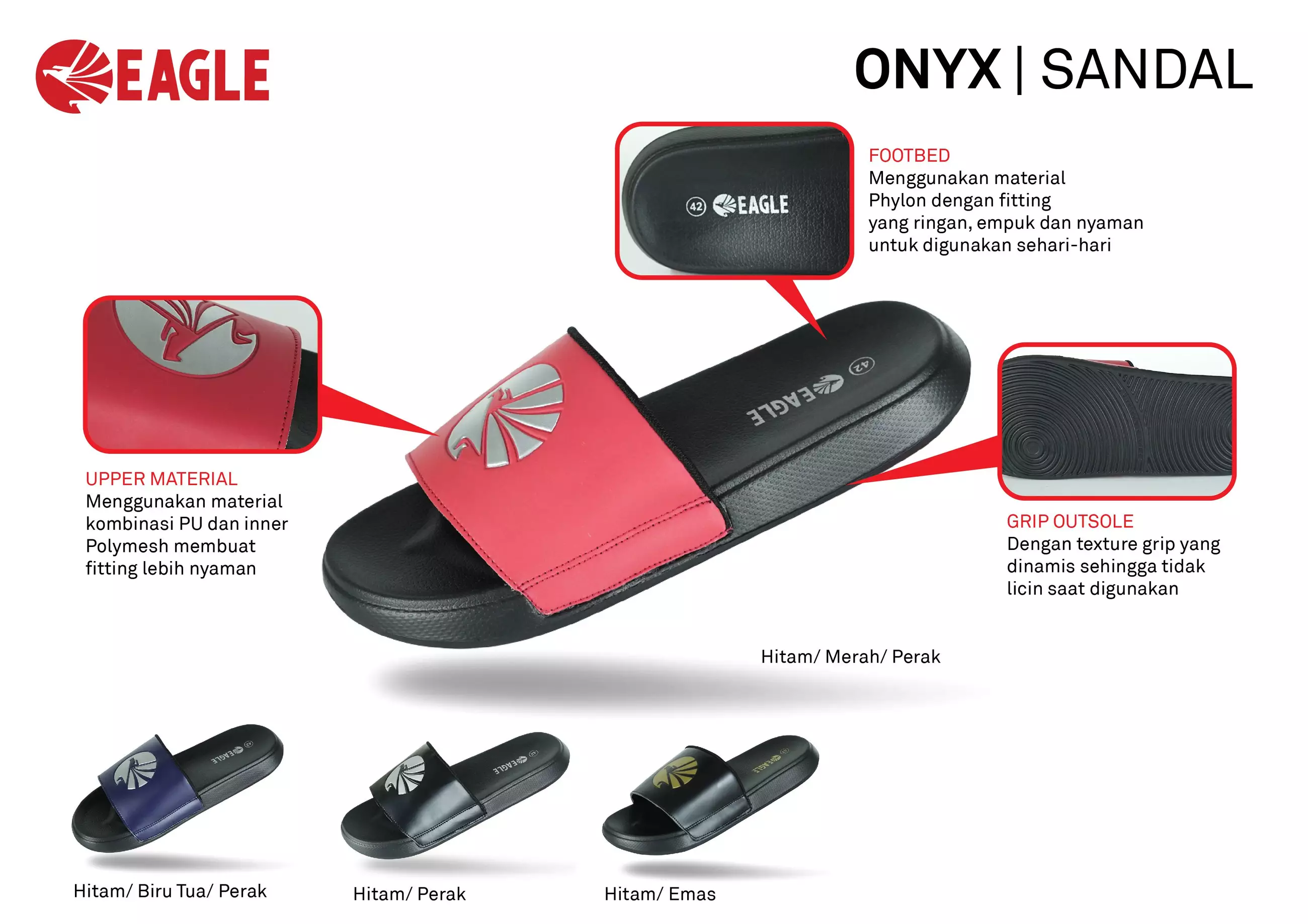 Eagle Onyx Sendal Sehari-Hari - HITAM/MERAH/PERAK
