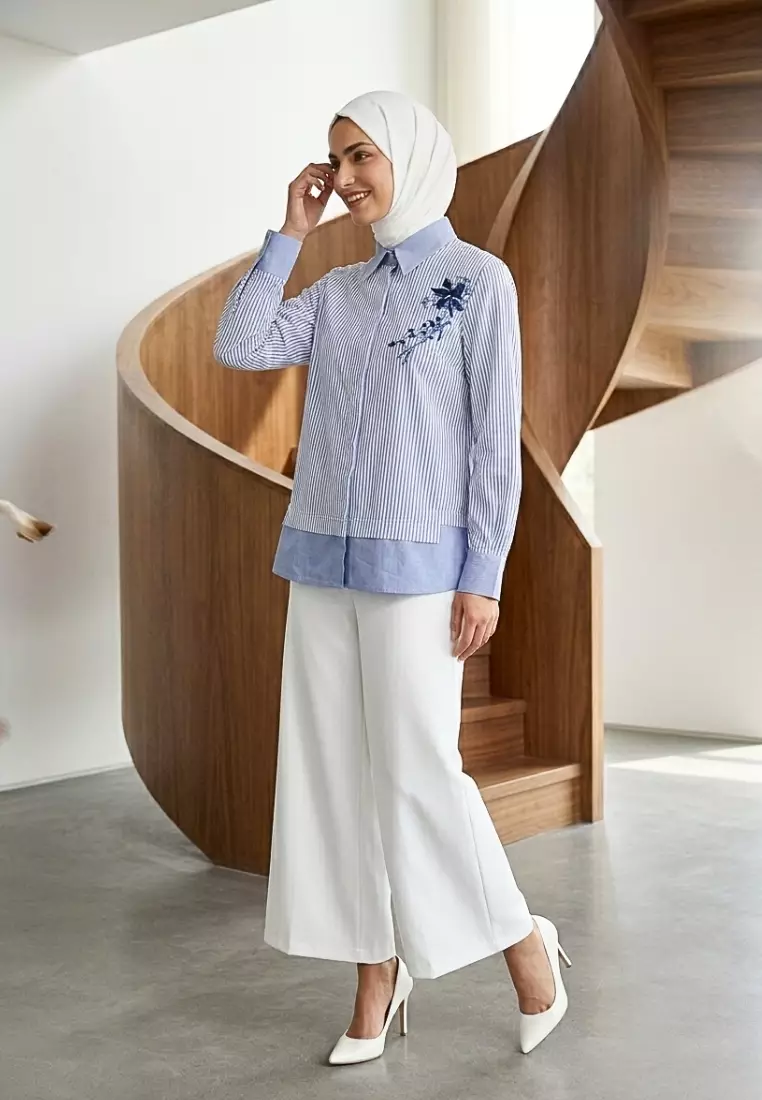 Kemeja Katun Wanita Salur Biru Bordir Bunga By Brilliant Girl Warna BIRU