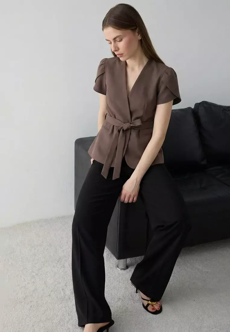 Brown Short Sleeve Blazer Jacket Twoss26Bc41