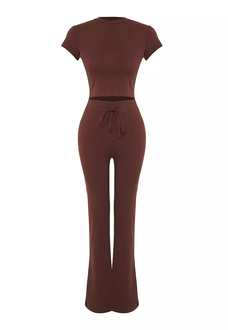 Brown Fitted/Flexible Knitted Bottom-Top Set Twoss25Au00053