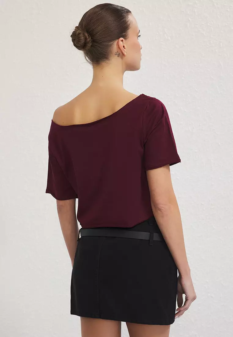 Anthracite-Burgundy 2'S Package 100% Cotton Asymmetrical Boat Neck Crop Knit T-Shirt Twoss25Ts00194