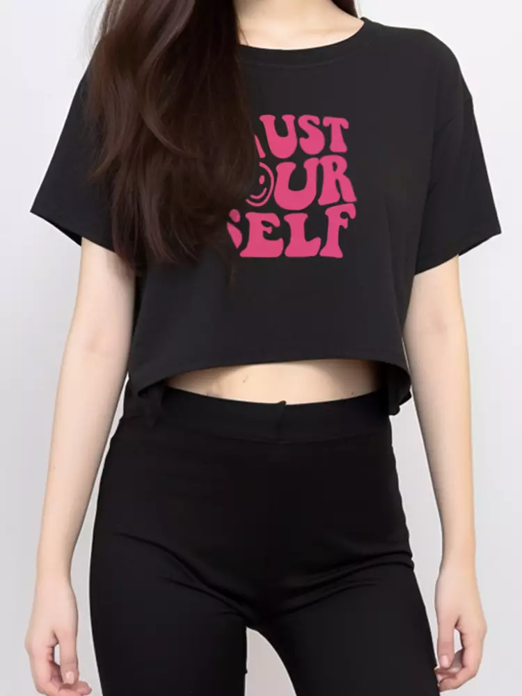 LTF15 kaos oversize crop top longgar wanita trust yourself hitam