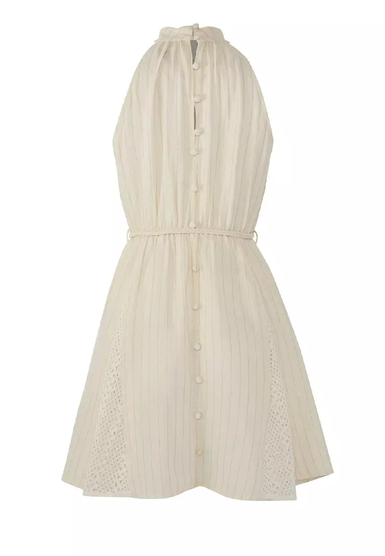 Beige Glittery Muslin Woven Mini Beach Dress Tbess25El00128