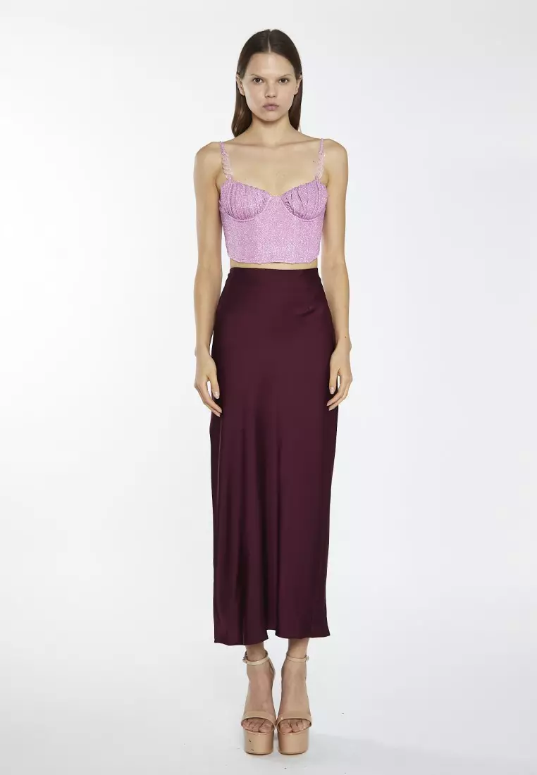Deep Burgundy Satin Side Split Maxi Skirt