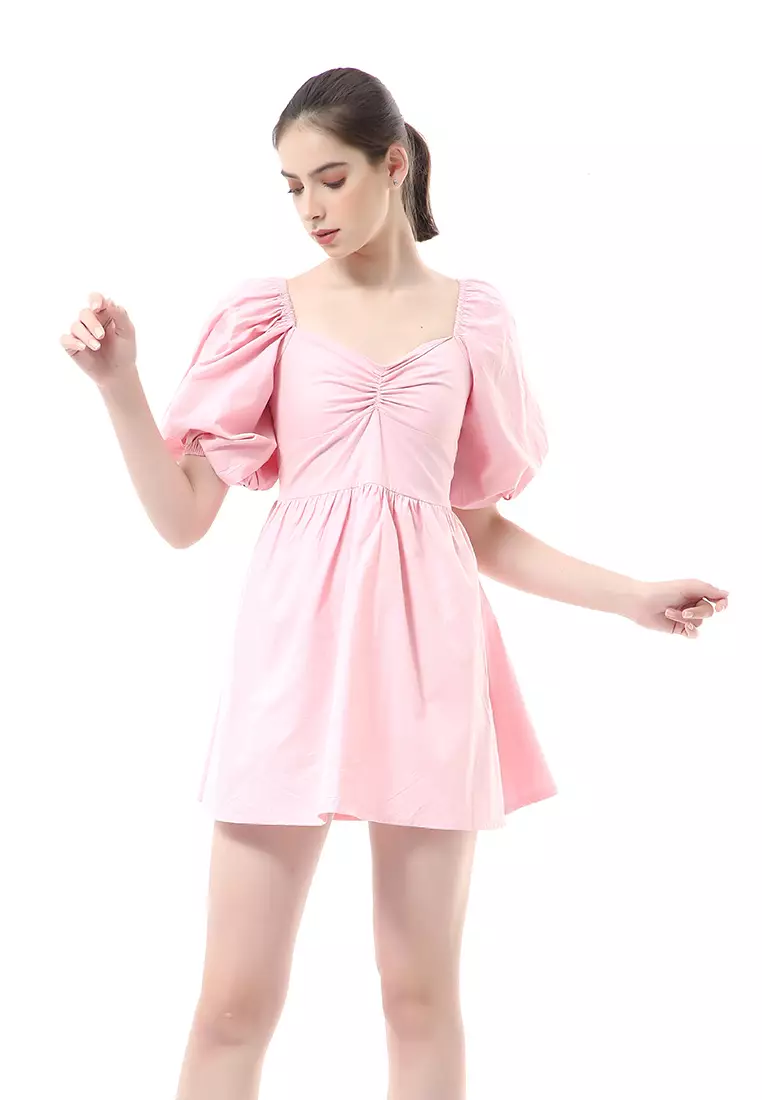 Rachel Dress Wanita Ballerina Pluffy Baloon Sleeve Simple Elegant Material Cotton ORIGINAL - Soft Pink