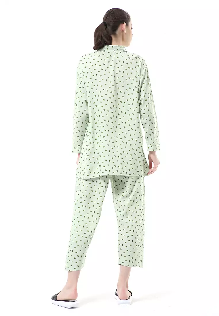 Nayra One Set Setelan Kemeja Wanita Lengan Panjang Motif Daun Full Kancing Material Rayon ORIGINAL - Green