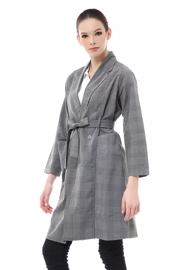 Myra Outerwear Wanita Blazer Tali Pinggang Lengan Panjang Material Semiwol ORIGINAL - Gray