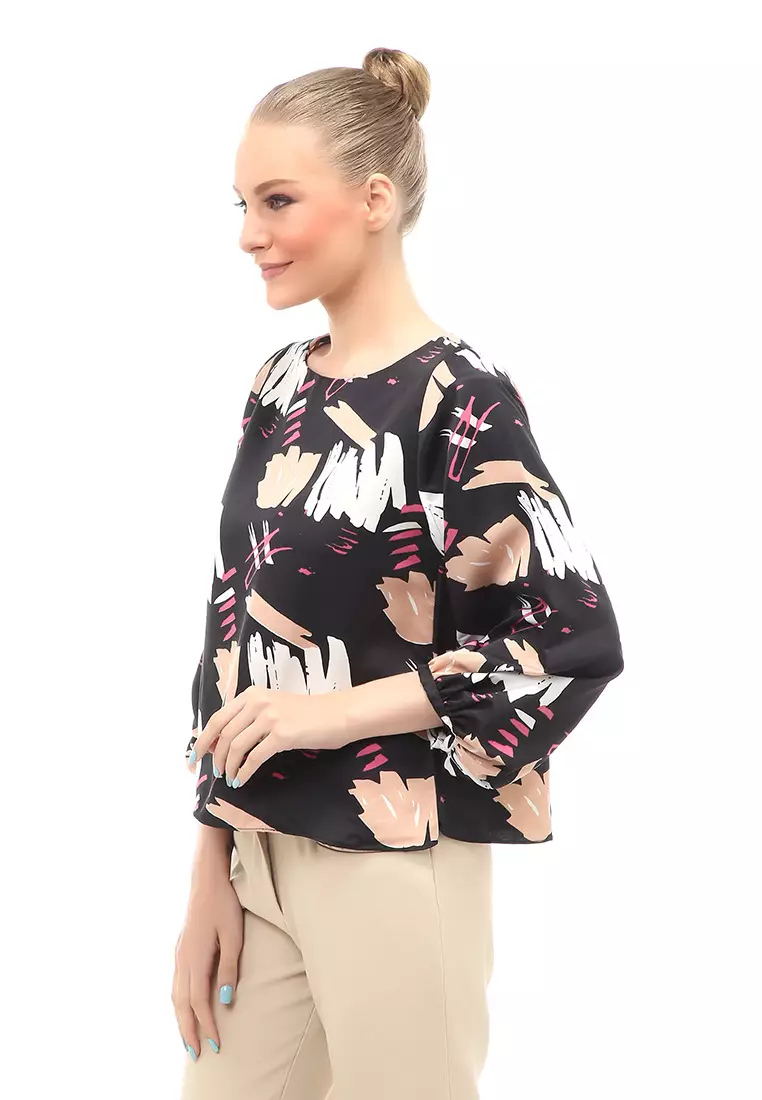 Blouse Atasan Wanita Lengan Panjang Model Puff Motif Abstrak Regular Fit - Hitam